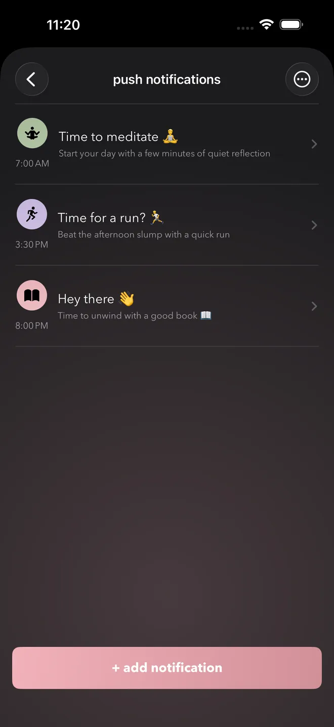 List of custom reminders at 7:00 AM, 3:30 PM and 8:00 PM, each with its own message