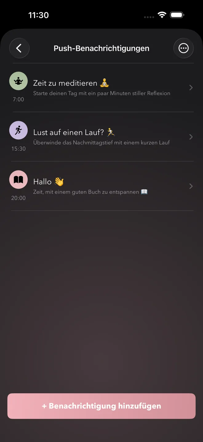 Eine Liste eigener Erinnerungen zu verschiedenen Uhrzeiten, jede mit eigener Nachricht