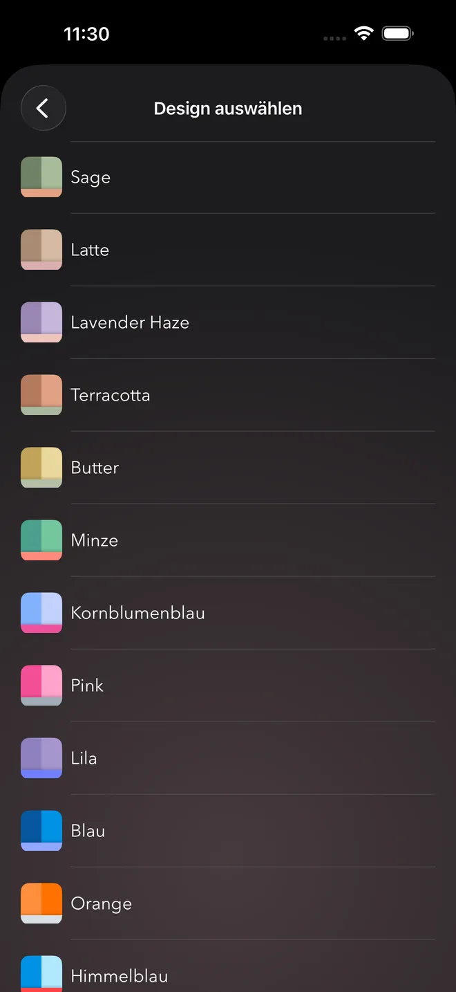 Die Design-Auswahl mit Farbthemen wie Sage, Latte, Lavender Haze und Terracotta