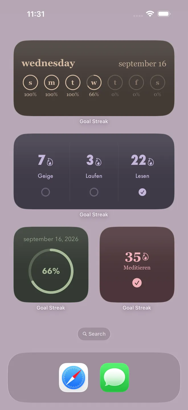 Widgets auf dem Home-Bildschirm mit Wochenfortschritt, Serien mehrerer Gewohnheiten und dem Tagesfortschritt in Prozent