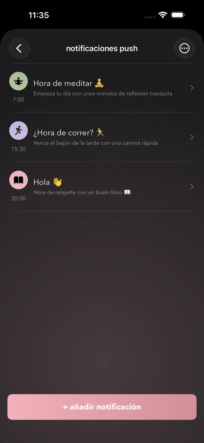 Una lista de recordatorios personalizados a distintas horas, cada uno con su propio mensaje
