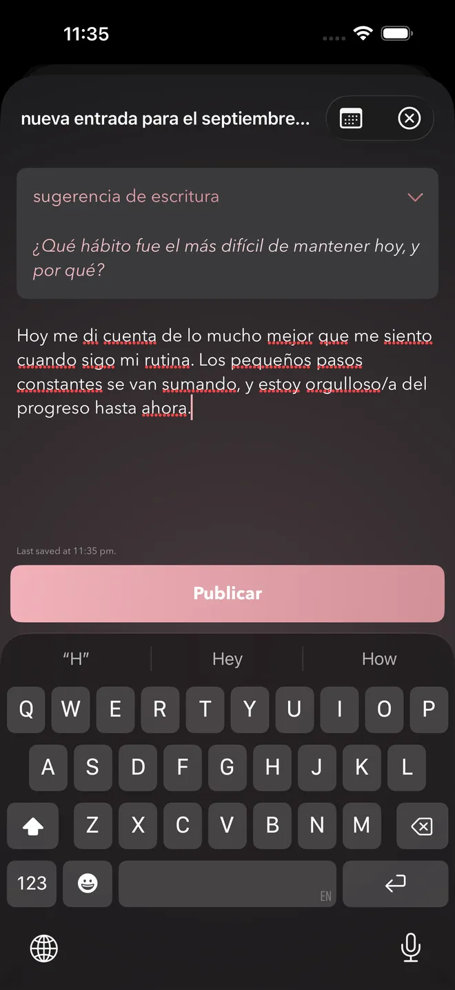 Una entrada del diario con una sugerencia de escritura