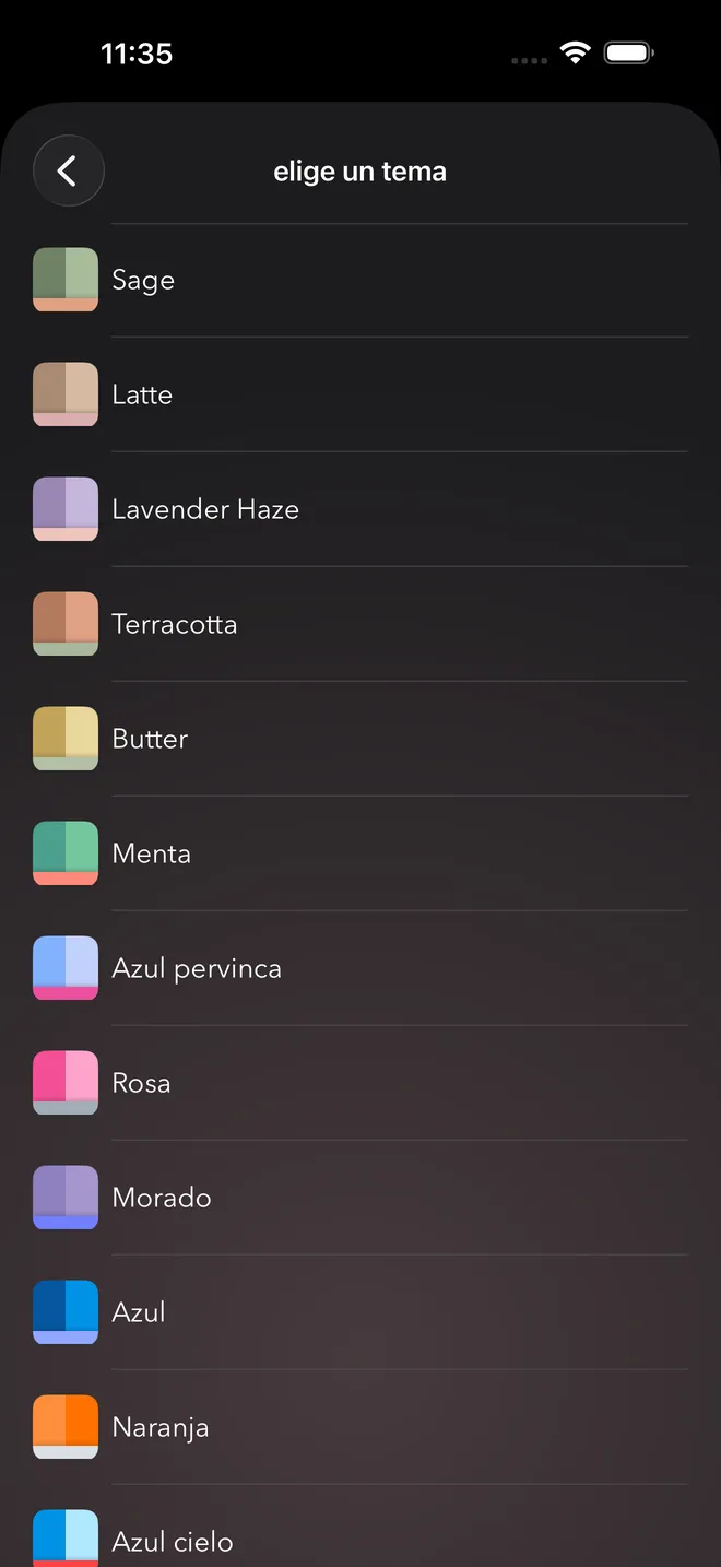 El selector de temas con temas de color como Sage, Latte, Lavender Haze y Terracotta