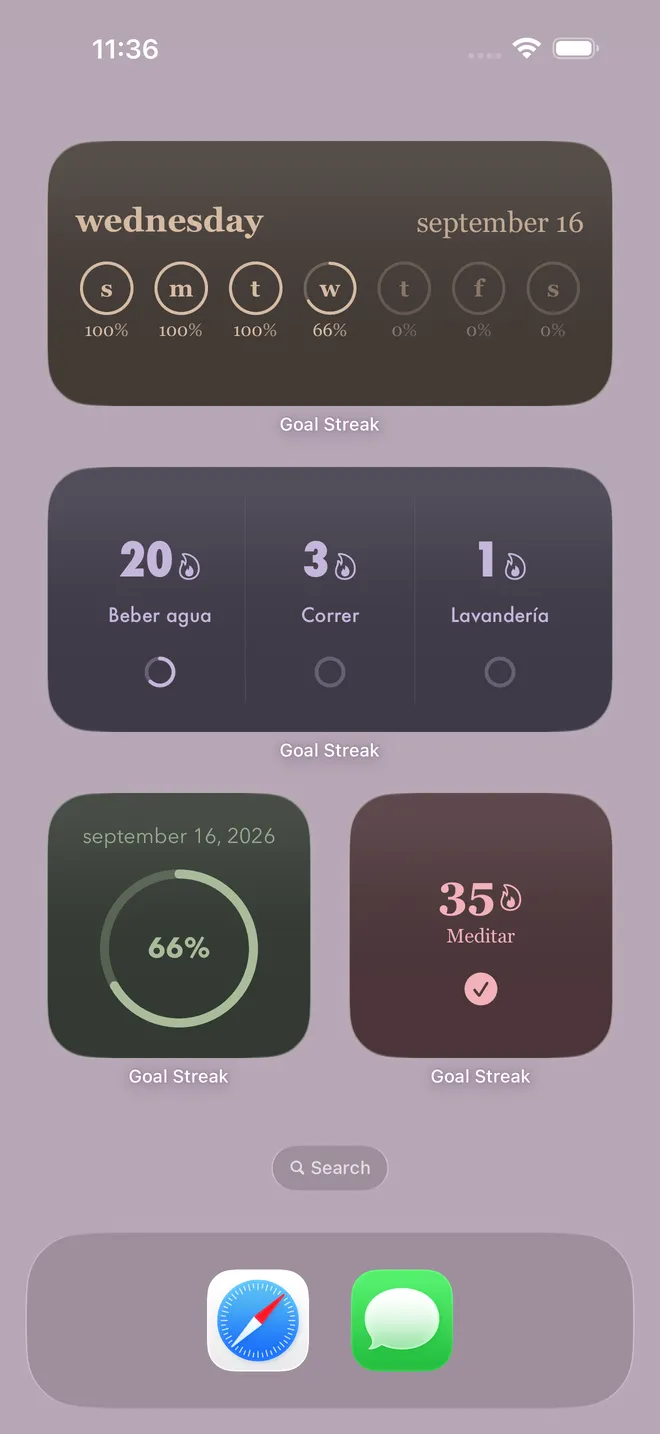 Widgets en la pantalla de inicio con el progreso semanal, las rachas de varios hábitos y el porcentaje del día
