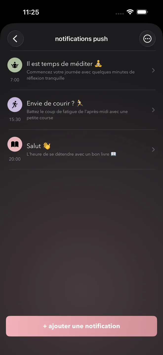 Une liste de rappels personnalisés à différentes heures, chacun avec son propre message