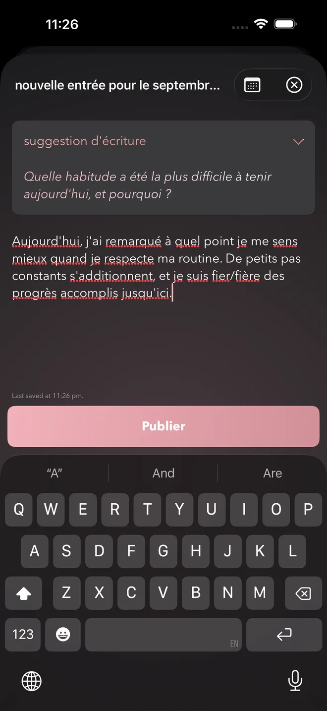 Une entrée de journal avec une suggestion d’écriture
