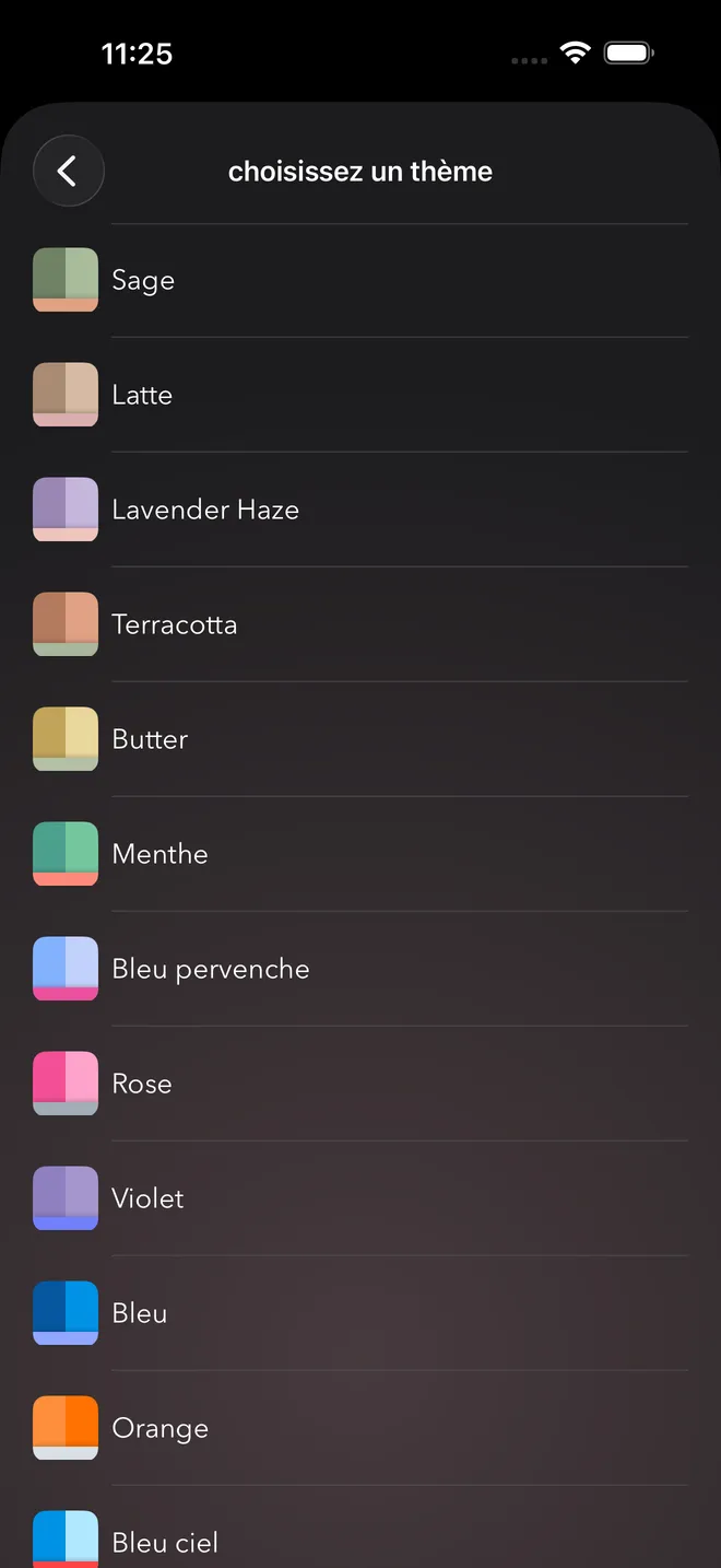 Le sélecteur de thèmes avec des thèmes de couleur comme Sage, Latte, Lavender Haze et Terracotta