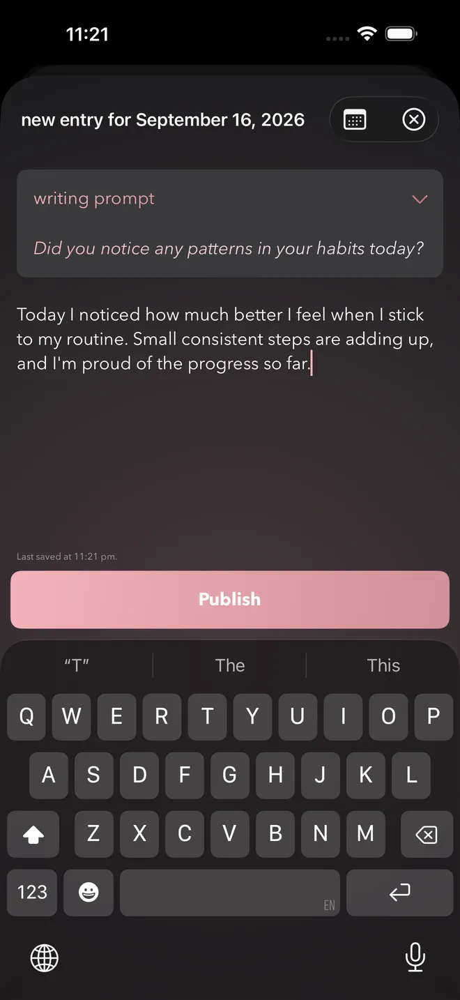 Journal entry with the writing prompt 'Did you notice any patterns in your habits today?'