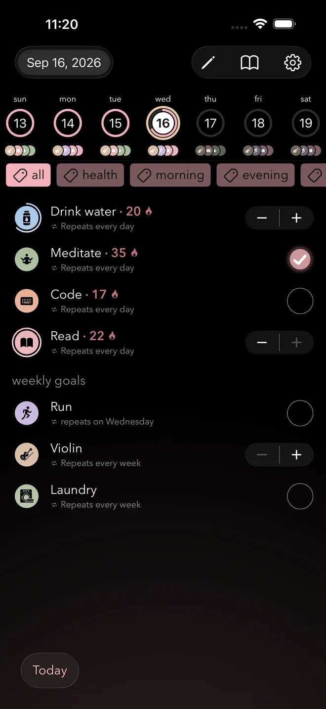 Today view listing daily habits such as Drink water, Meditate, Code and Read with their current streaks, plus weekly goals like Run, Violin and Laundry