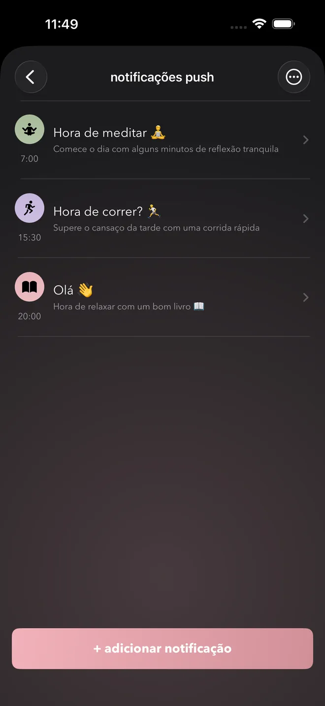 Uma lista de lembretes personalizados em horários diferentes, cada um com sua própria mensagem