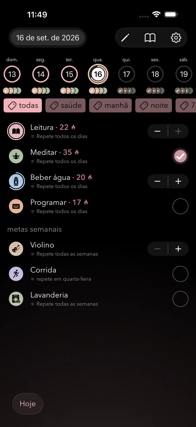 A tela de hoje com os hábitos diários e suas sequências atuais, seguidos das metas semanais