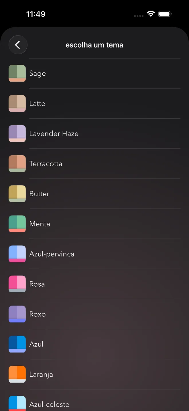 O seletor de temas com temas de cores como Sage, Latte, Lavender Haze e Terracotta