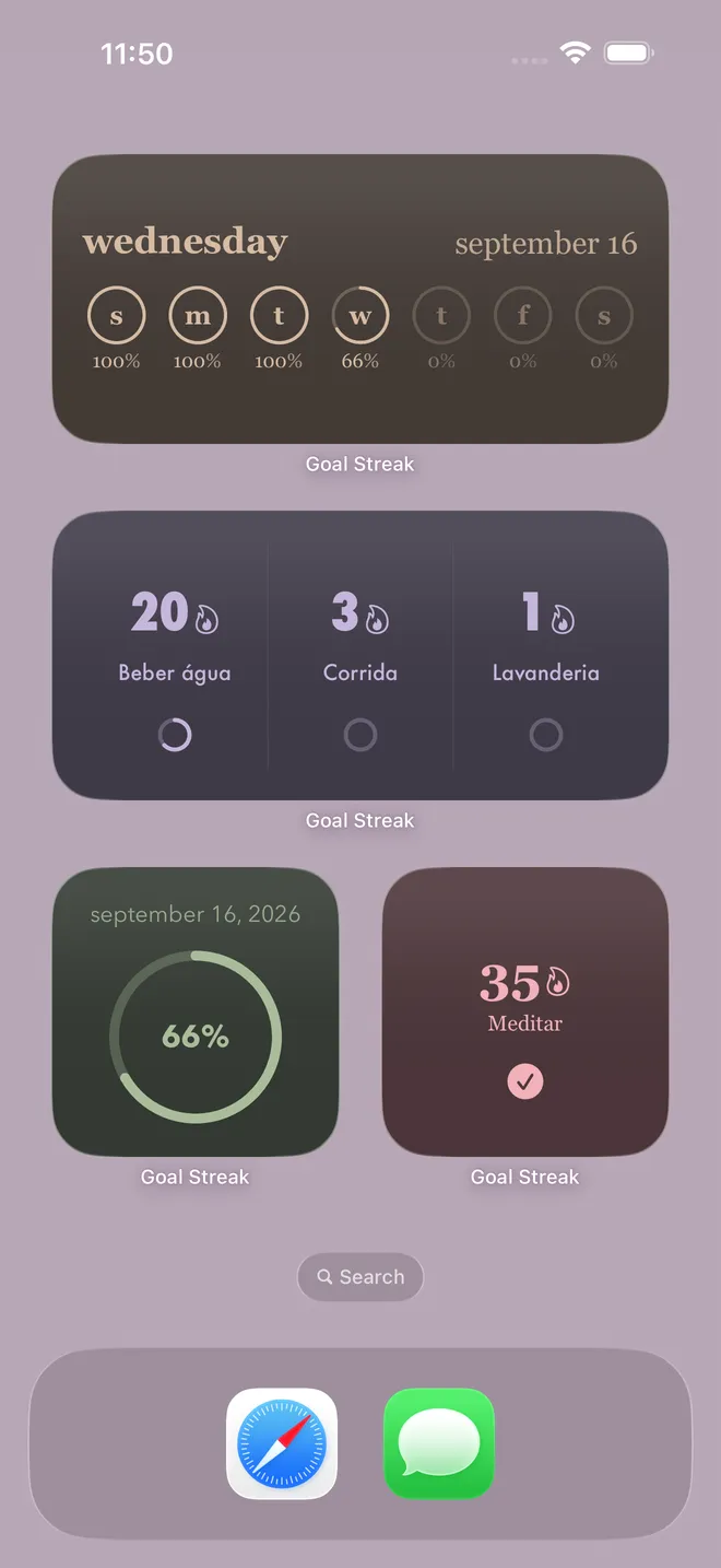 Widgets na tela de início com o progresso da semana, as sequências de vários hábitos e a porcentagem do dia