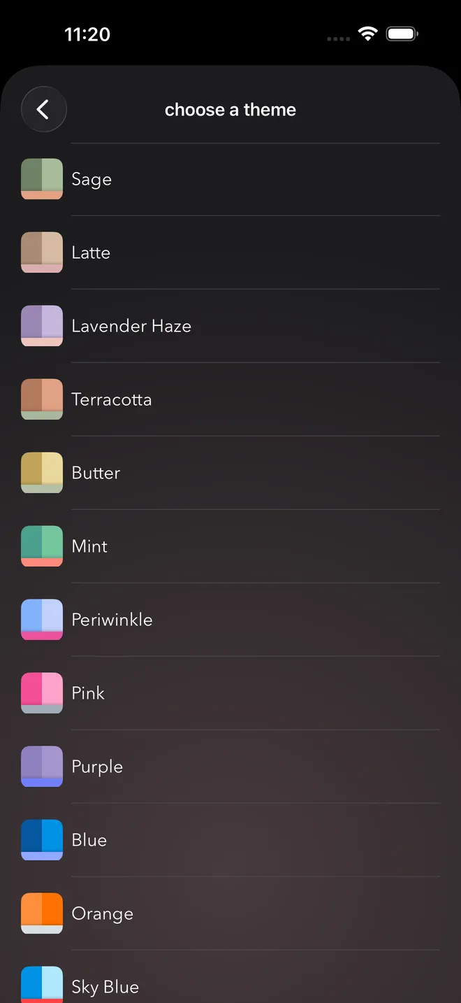 Theme picker with color themes including Sage, Latte, Lavender Haze, Terracotta, Butter and Mint